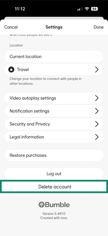 Bumble Settings screen scrolled to the bottom, showing the Delete account option highlighted.