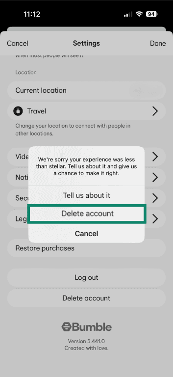 Follow-up deletion prompt showing the Delete account button highlighted.