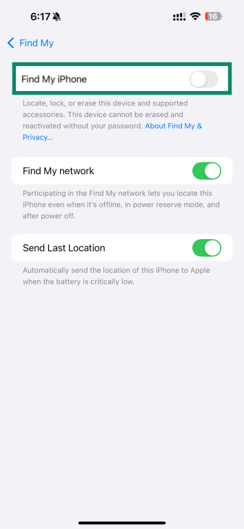 Find My iPhone settings screen showing the toggle switched off.