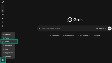 Grok desktop side menu open with Files option highlighted.