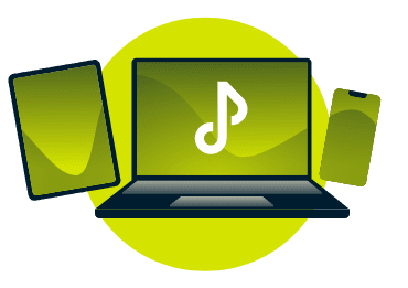 A laptop, tablet, and phone, with a music note.