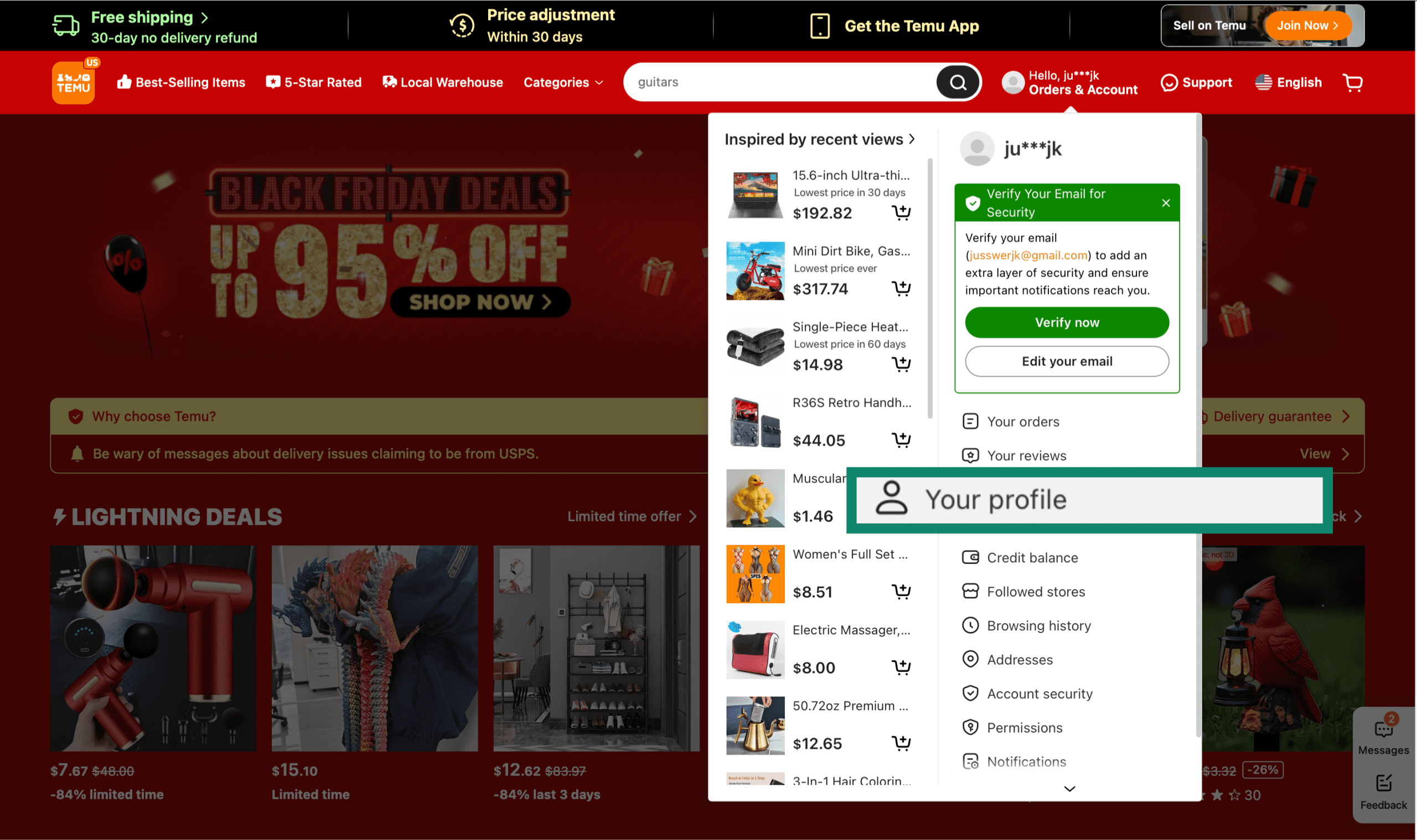 temu.com, click your profile icon in the top-right corner, and select Your profile.