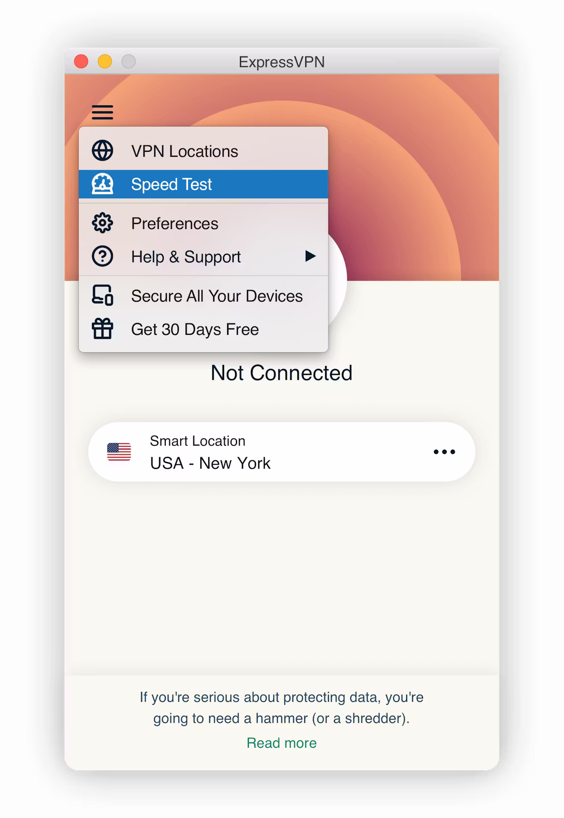Velg hastighetstest i ExpressVPN-grensesnittet.