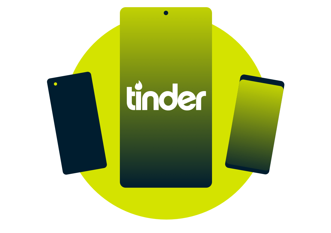 Mobila enheter med Tinder-logotypen.
