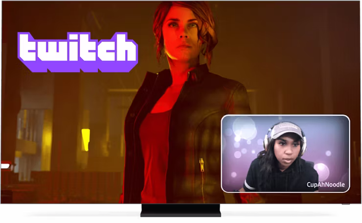 Ekranda Twitch logosu, oyun ve yayıncı.