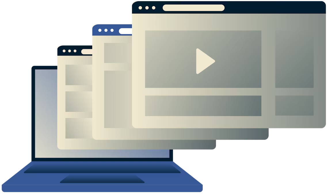 Unblock video, music, sports, and social media. Laptop showing several browser windows.