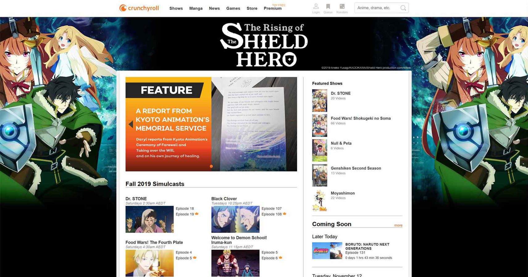 Hauptseite der Crunchyroll-Website.