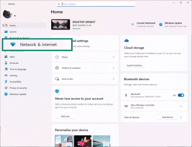 Windows 11 settings menu showing how to access the Network and Internet settings.