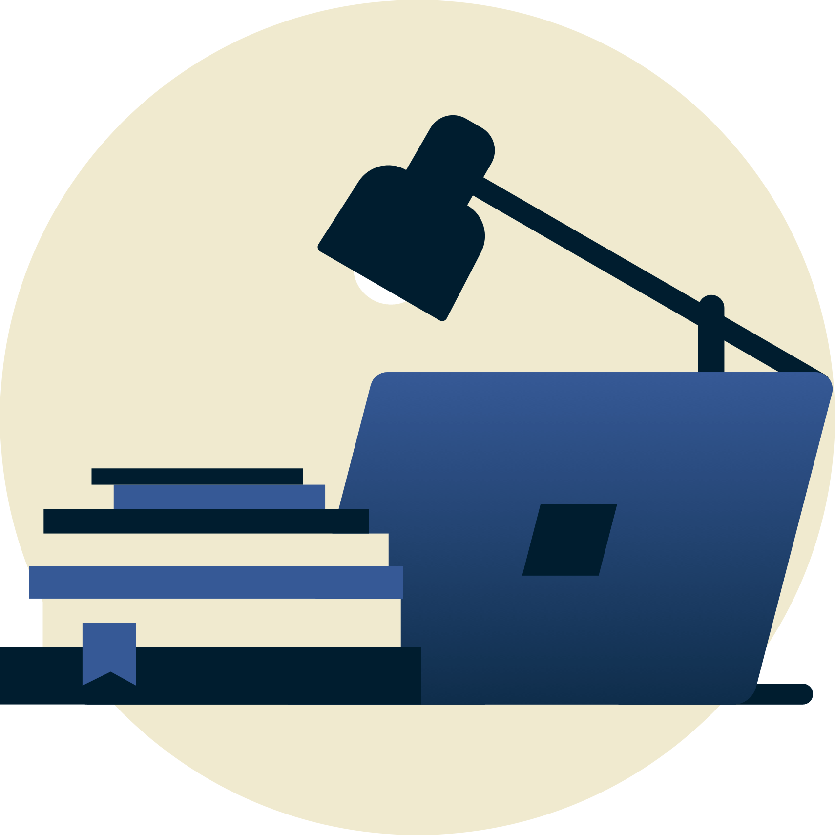 Lamp over schoolbooks and laptop facing away from you.