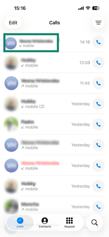 iOS Calls list