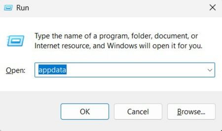 The Windows Run widget with appdata typed into the Open field.