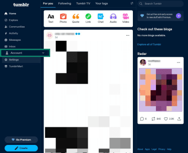 How to access the account menu on Tumblr