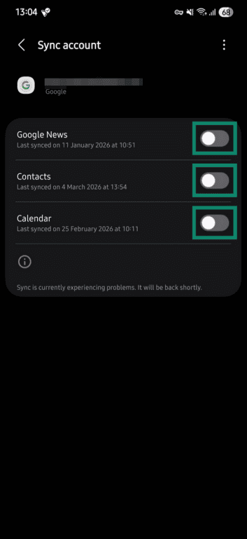Sync options highlighted in the Google account settings on Android.