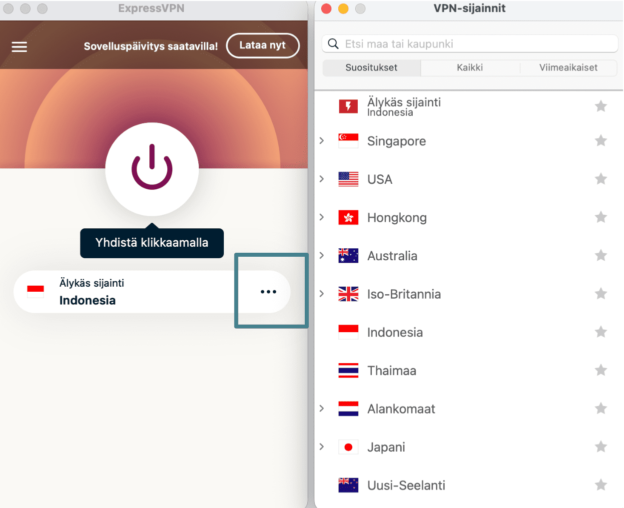 ExpressVPN app with the three-dots button enlarged and a list of servers