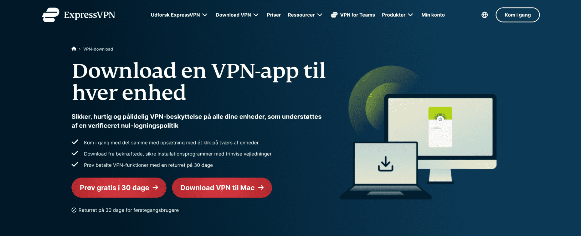 ExpressVPN-downloadside med downloadknappen fremhævet