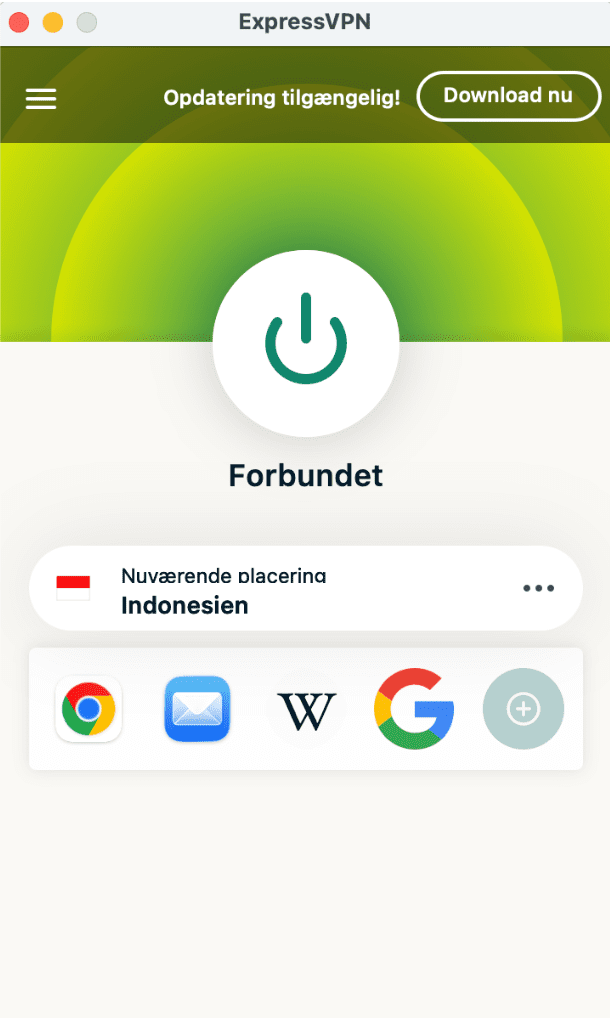 ExpressVPN-appens hovedvindue, der viser den grønne Forbundet-knap