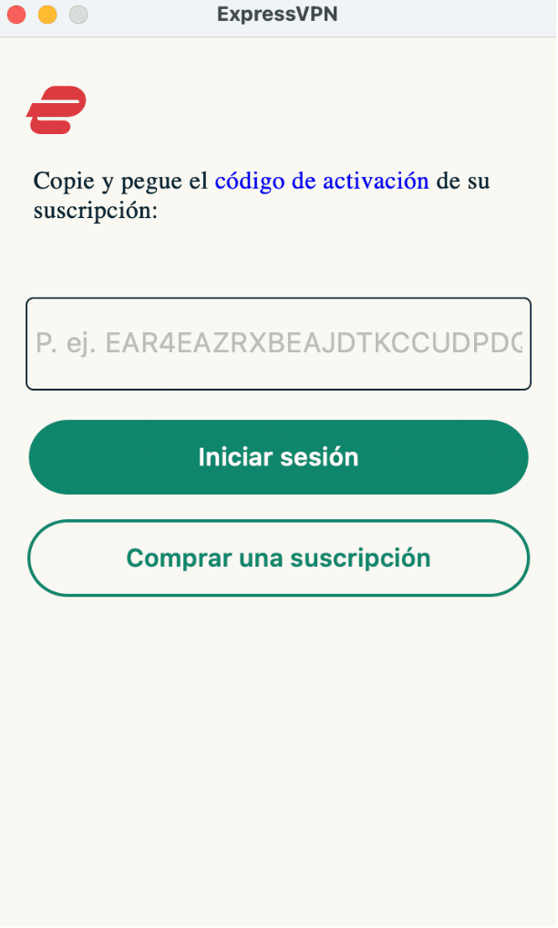 ExpressVPN app with the options to activate a user