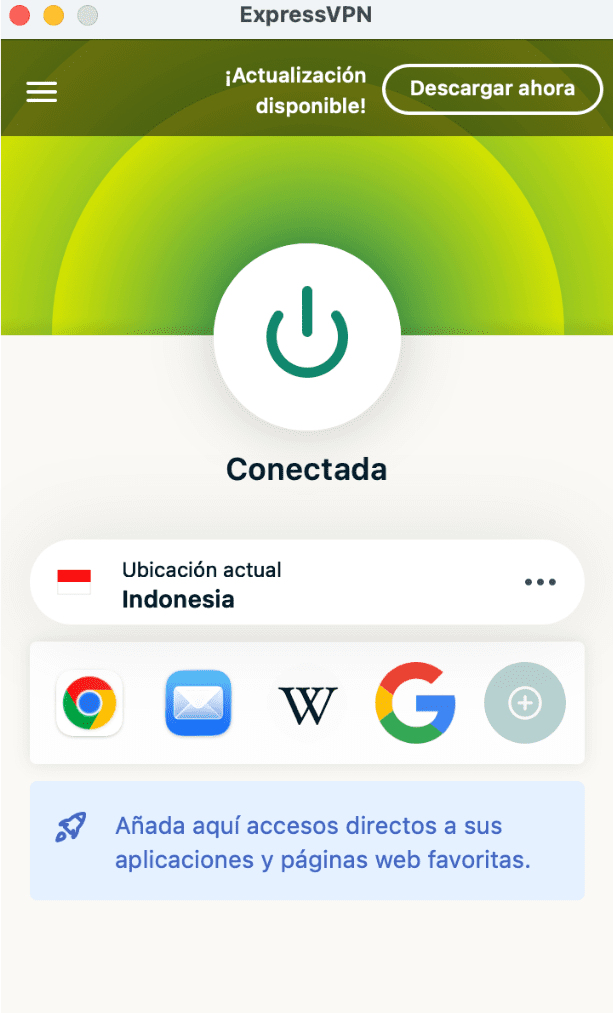 The main ExpressVPN app window, showing the green Connected button