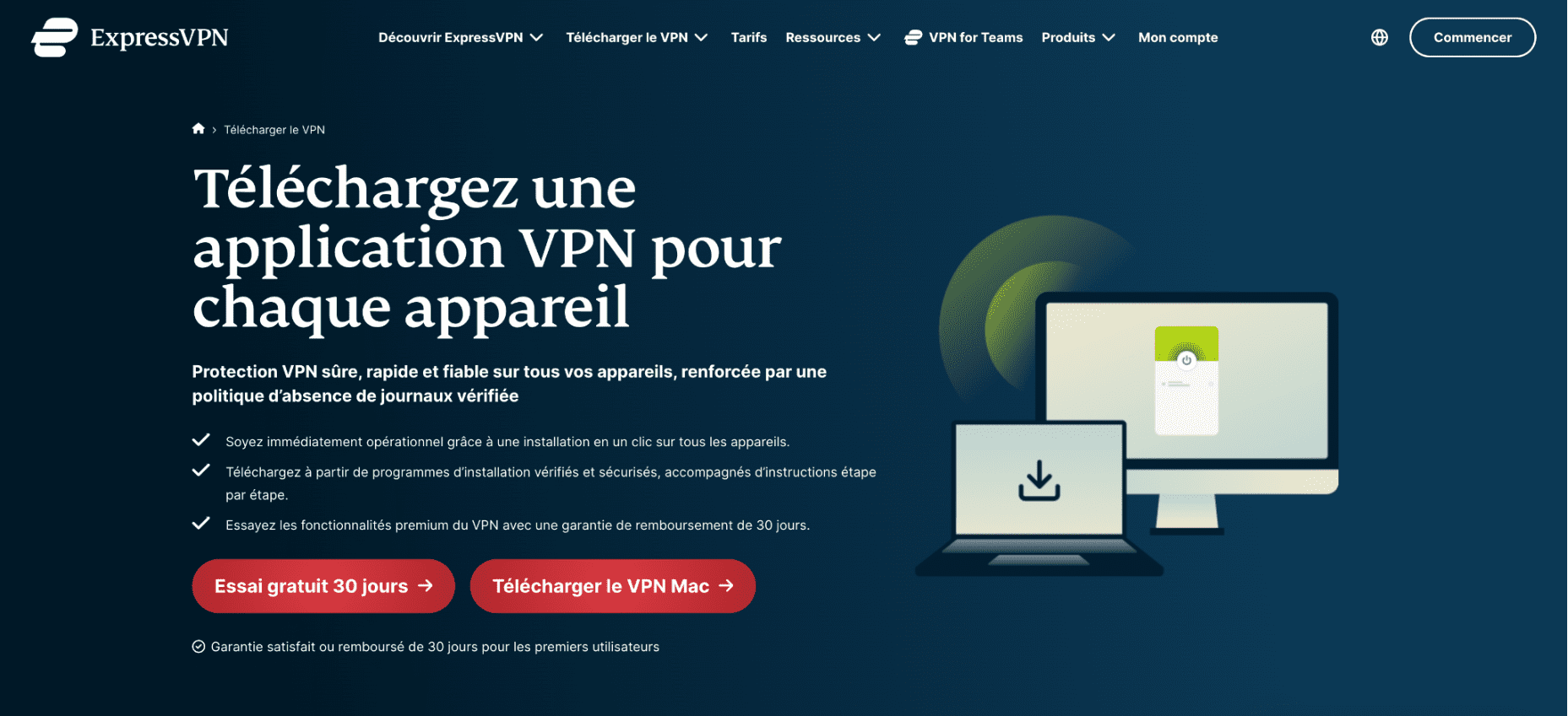 ExpressVPN download page with the download button highlighted