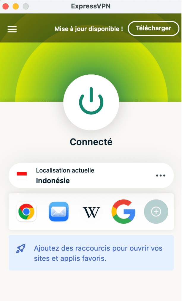 The main ExpressVPN app window, showing the green Connected button