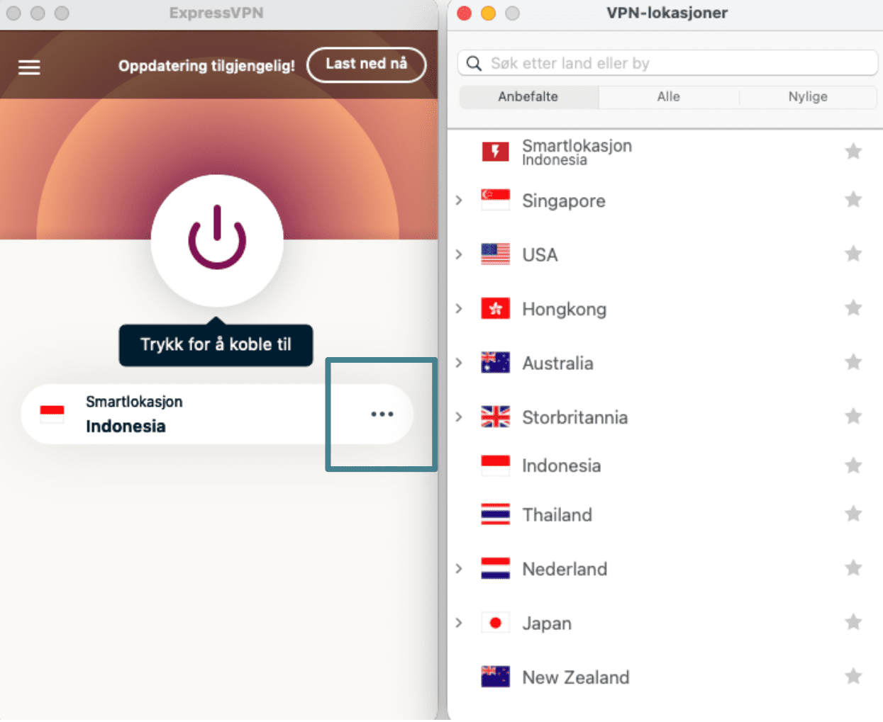 ExpressVPN app with the three-dots button enlarged and a list of servers