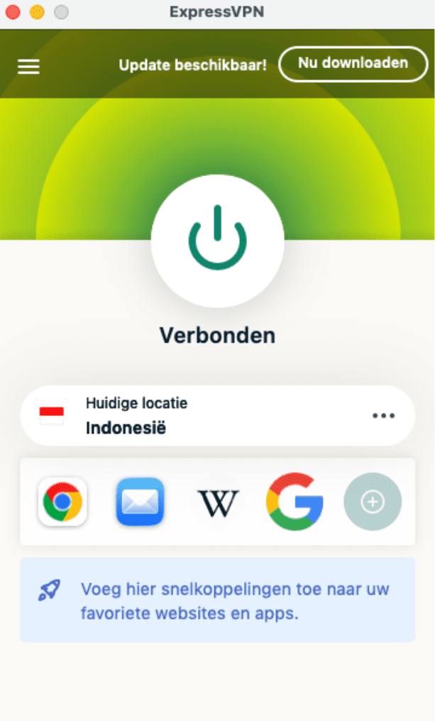 The main ExpressVPN app window, showing the green Connected button