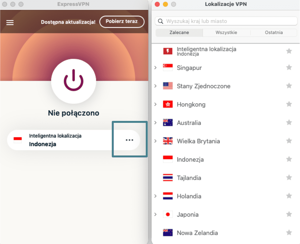 ExpressVPN app with the three-dots button enlarged and a list of servers