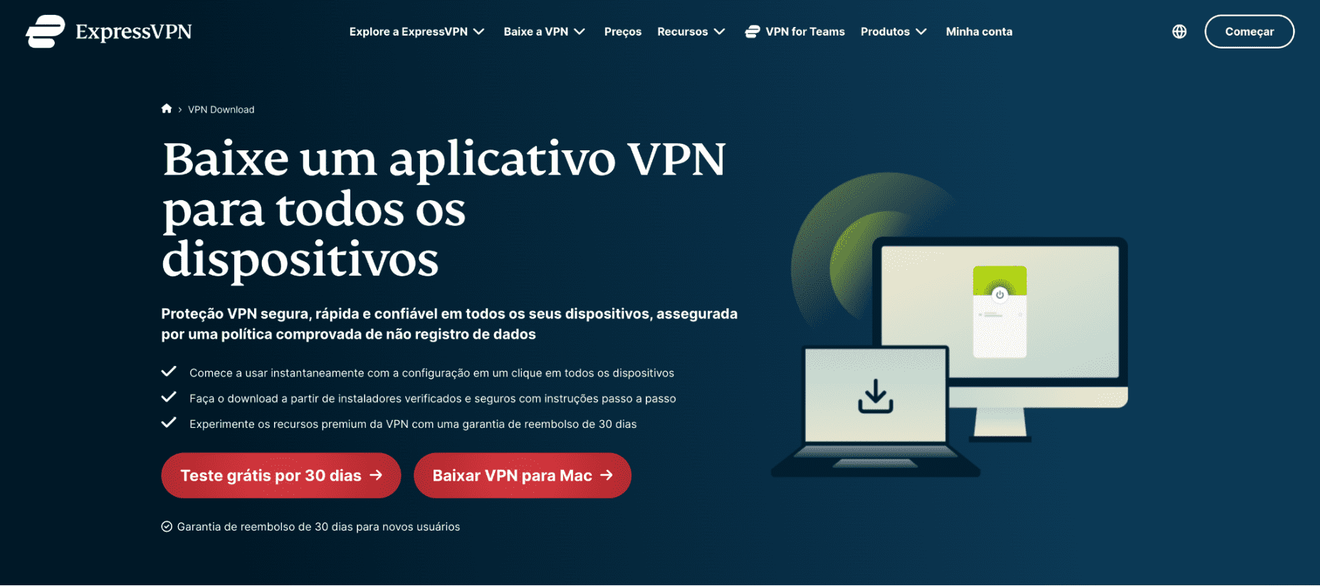 ExpressVPN download page with the download button highlighted