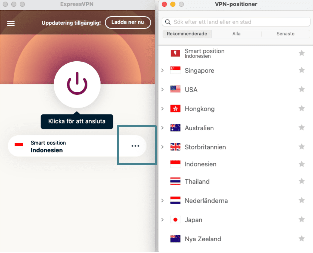 ExpressVPN app with the three-dots button enlarged and a list of servers