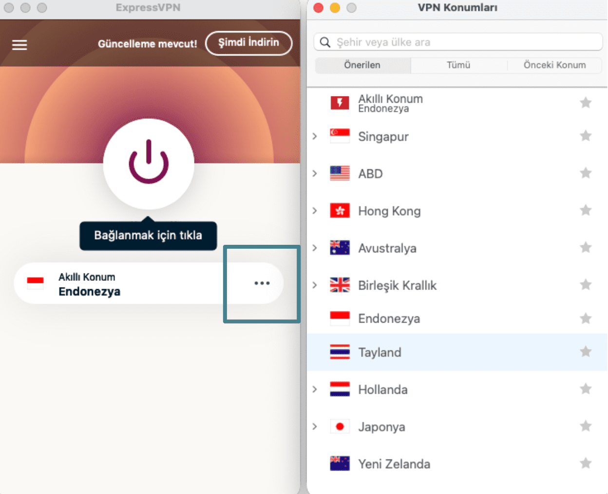 ExpressVPN app with the three-dots button enlarged and a list of servers