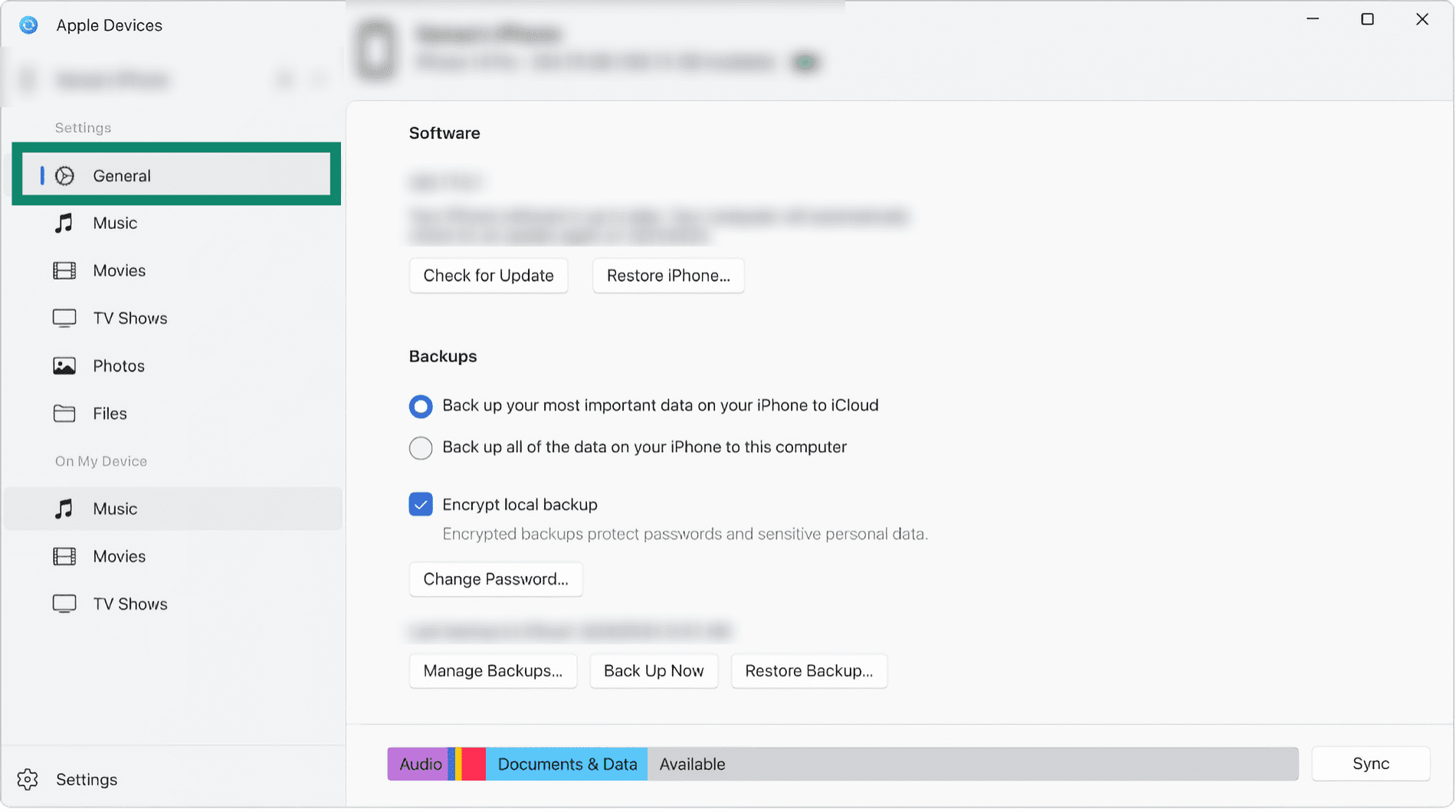 macOS Finder view when an iPhone is connected using USB.