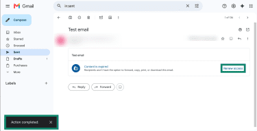 A confidential mode email in Gmail, showing an "Action completed" pop-up in the button, with a highlighted "Remove access" option in the "Content is expired" bubble.