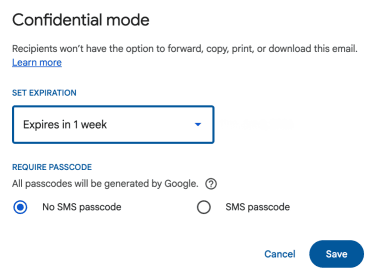 Gmail confidential mode settings pop-up.