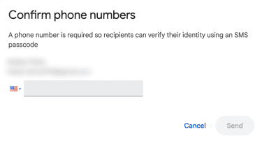 Gmail confidential mode asking for the recipient's phone number before sending an email.