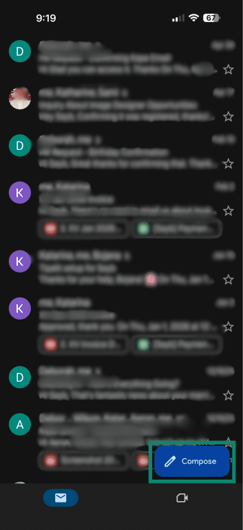 Gmail iOS app showing the Compose button.