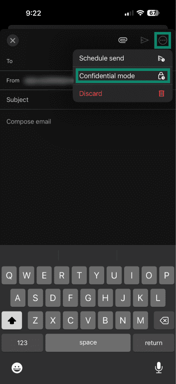 Confidential mode button on Gmail's iOS app.