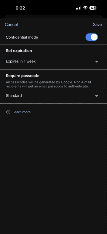 Configuring Confidential mode in Gmail's iOS app.