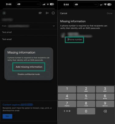Prompt asking to enter the recipient's phone number before sending an email through confidential mode with SMS passcode.