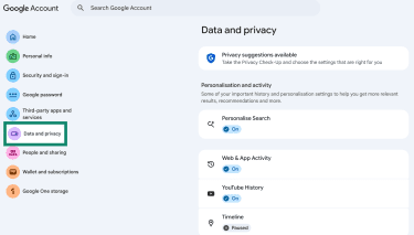 Google Account Data and privacy settings page on desktop.