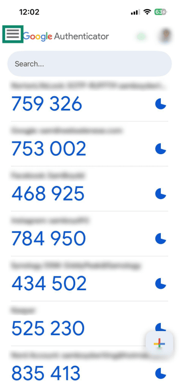 Settings menu on Google Authenticator