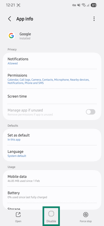 Chrome app info screen on Android showing disable option.