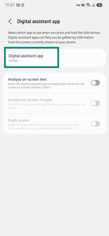 Android Digital assistant app settings screen showing Google selected as the current assistant.