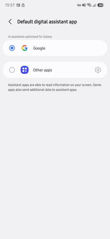 Android Default digital assistant app screen showing available assistant app options.