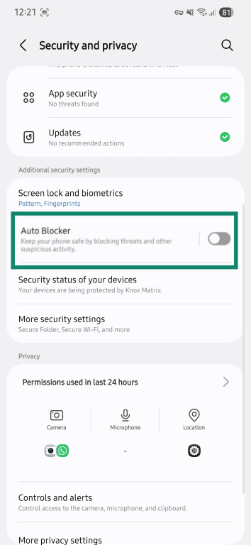 Android Security and privacy settings screen showing Auto Blocker option.