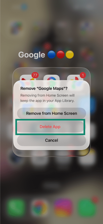 iPhone confirmation screen showing the “Delete App” option for removing a Google app.