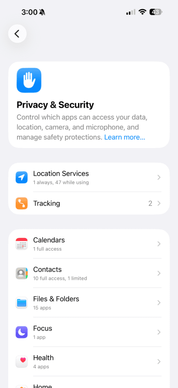 Privacy & Security settings on iPhone showing app permission categories