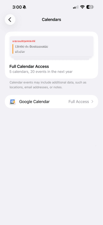 Calendar permissions screen showing Google Calendar app access on iPhone