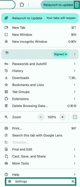 Chrome menu showing Settings option in the three-dot menu.