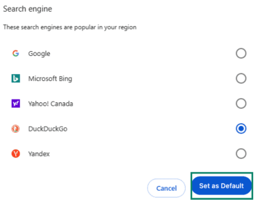 Chrome search engine selection window with Set as Default button.