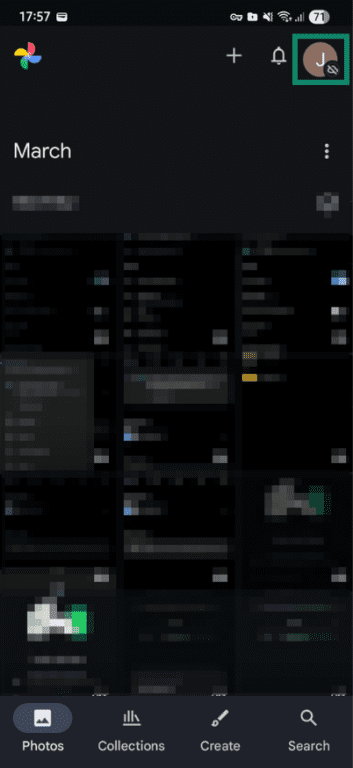 Google Photos home screen with the profile icon highlighted on Android.
